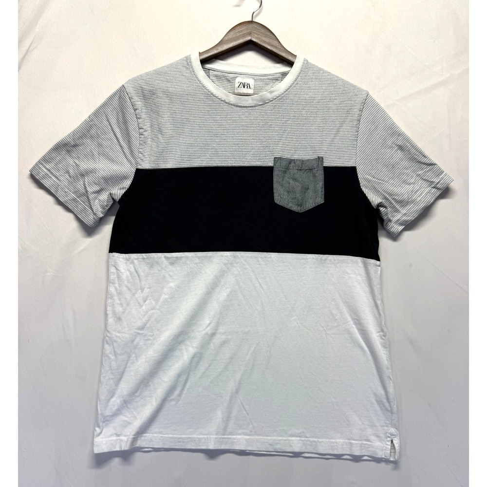 Zara T Shirt Mens Medium White Black Colorblock Cotton Side Slits Crew Neck